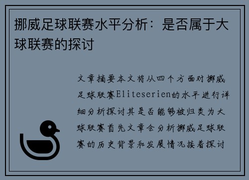 挪威足球联赛水平分析：是否属于大球联赛的探讨