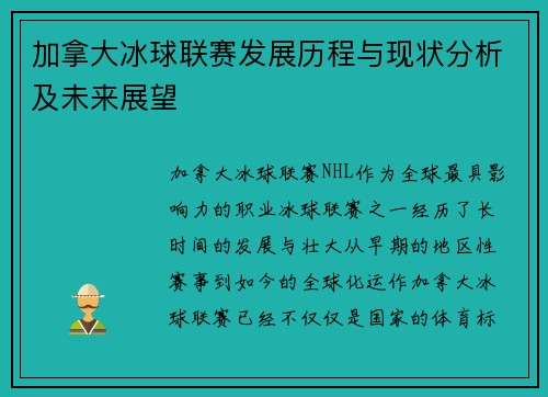 加拿大冰球联赛发展历程与现状分析及未来展望