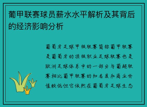 葡甲联赛球员薪水水平解析及其背后的经济影响分析