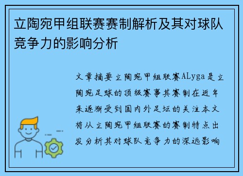 立陶宛甲组联赛赛制解析及其对球队竞争力的影响分析