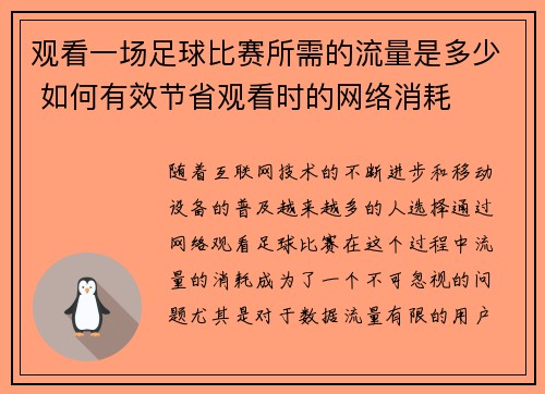 观看一场足球比赛所需的流量是多少 如何有效节省观看时的网络消耗